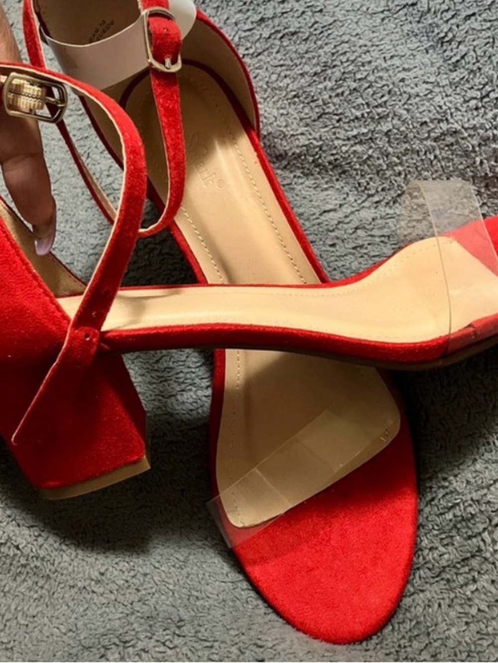 Red Suede Block Heel Sandals with Ankle Strap
